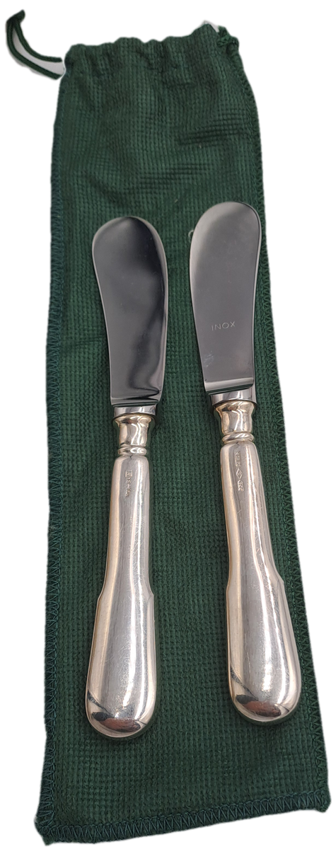 2 INOX Designer Butter knifes with .800 SILVER Handles in Bag