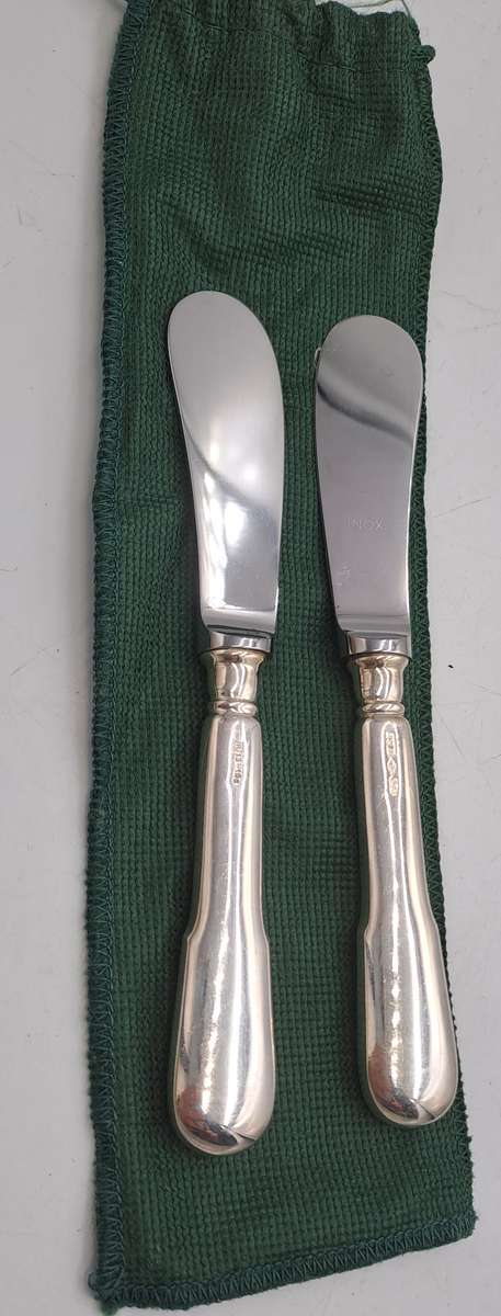 2 INOX Designer Butter knifes with .800 SILVER Handles in Bag