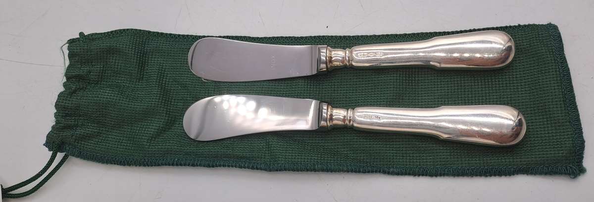 2 INOX Designer Butter knifes with .800 SILVER Handles in Bag