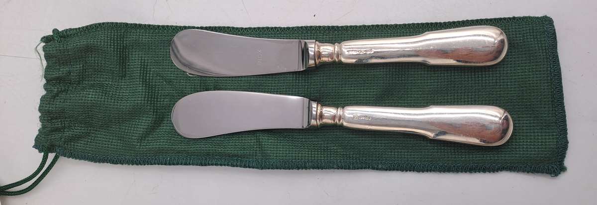 2 INOX Designer Butter knifes with .800 SILVER Handles in Bag