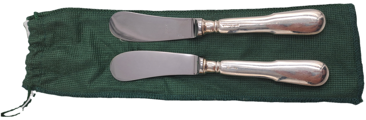 2 INOX Designer Butter knifes with .800 SILVER Handles in Bag