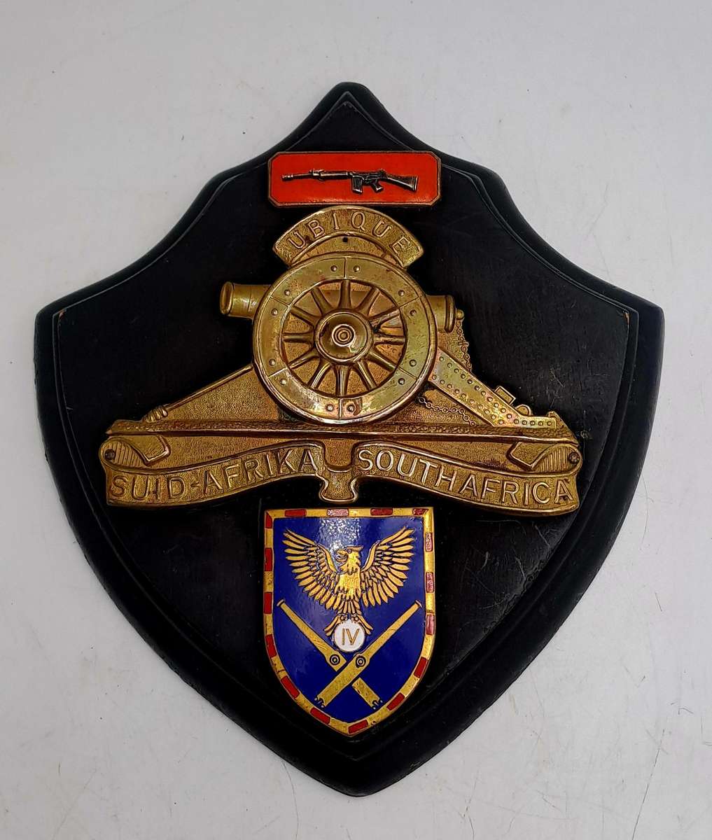 Vintage SADF Wall Plague with Large Field Artillery, Marksman and 4th Artillery brass & enamel badge
