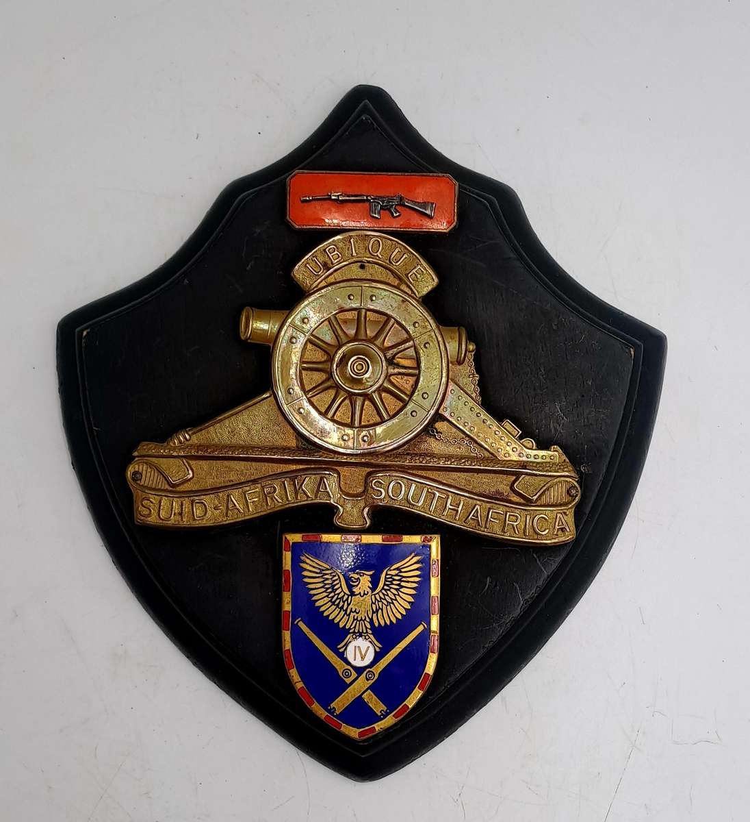 Vintage SADF Wall Plague with Large Field Artillery, Marksman and 4th Artillery brass & enamel badge