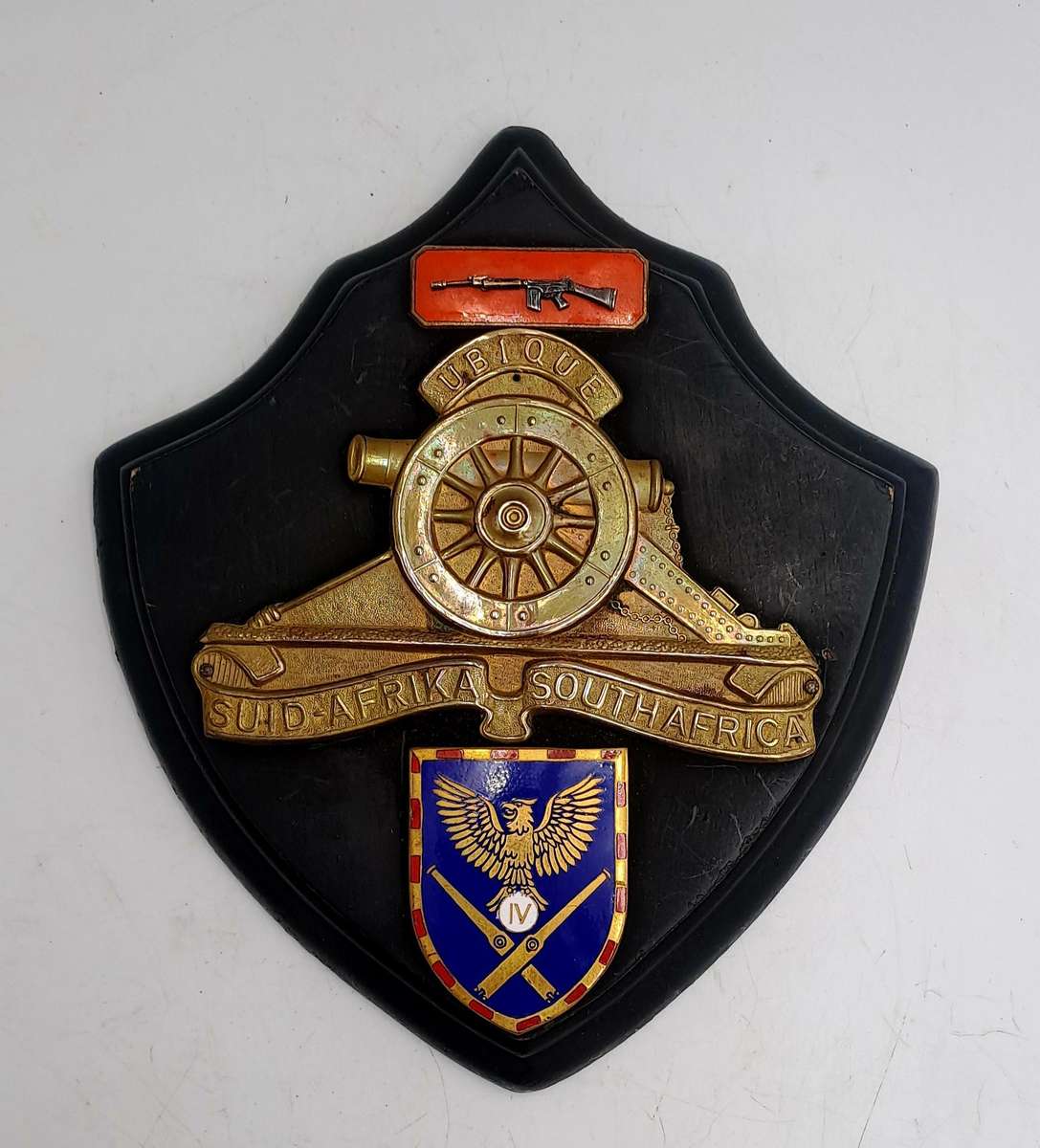 Vintage SADF Wall Plague with Large Field Artillery, Marksman and 4th Artillery brass & enamel badge