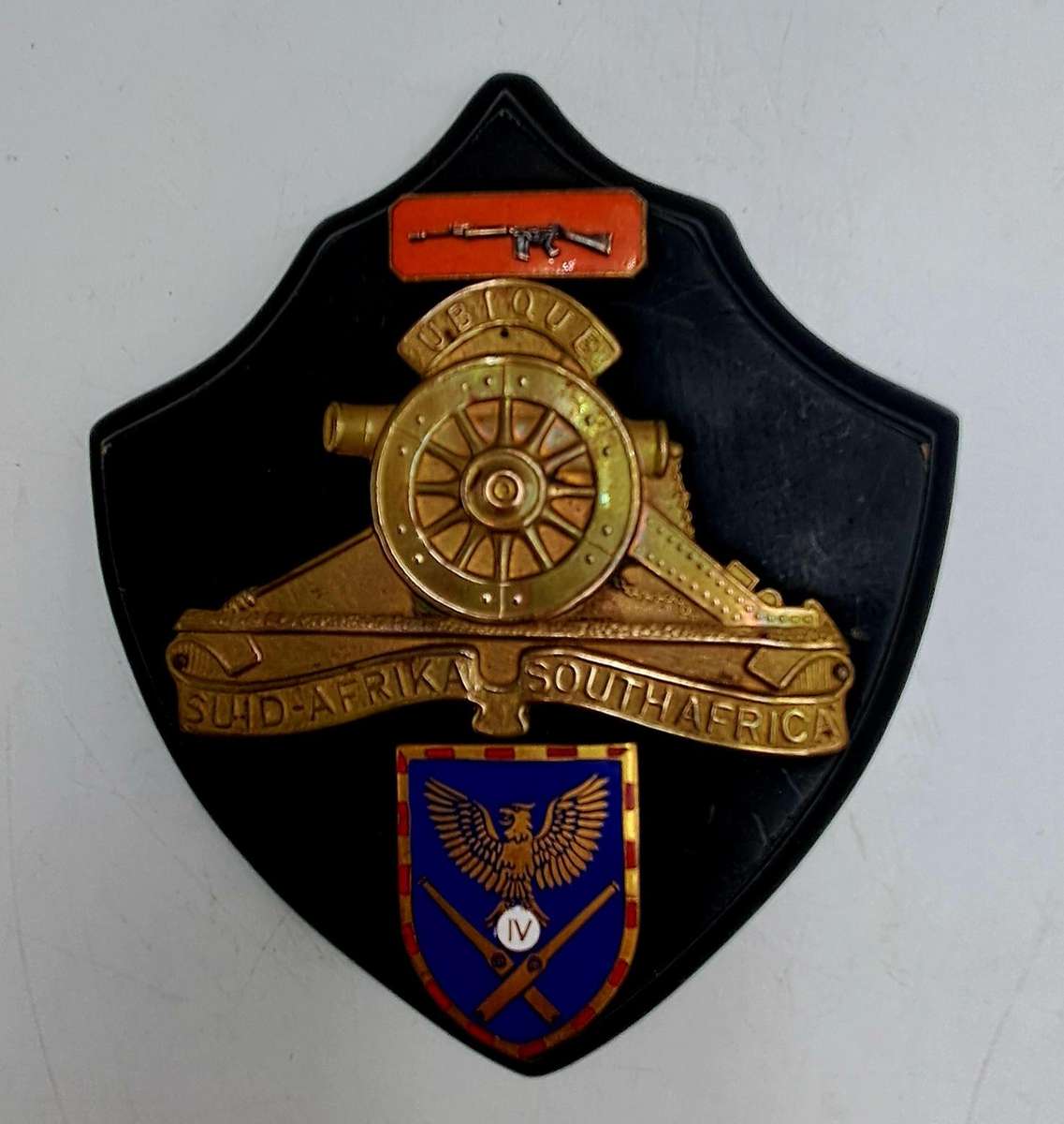 Vintage SADF Wall Plague with Large Field Artillery, Marksman and 4th Artillery brass & enamel badge
