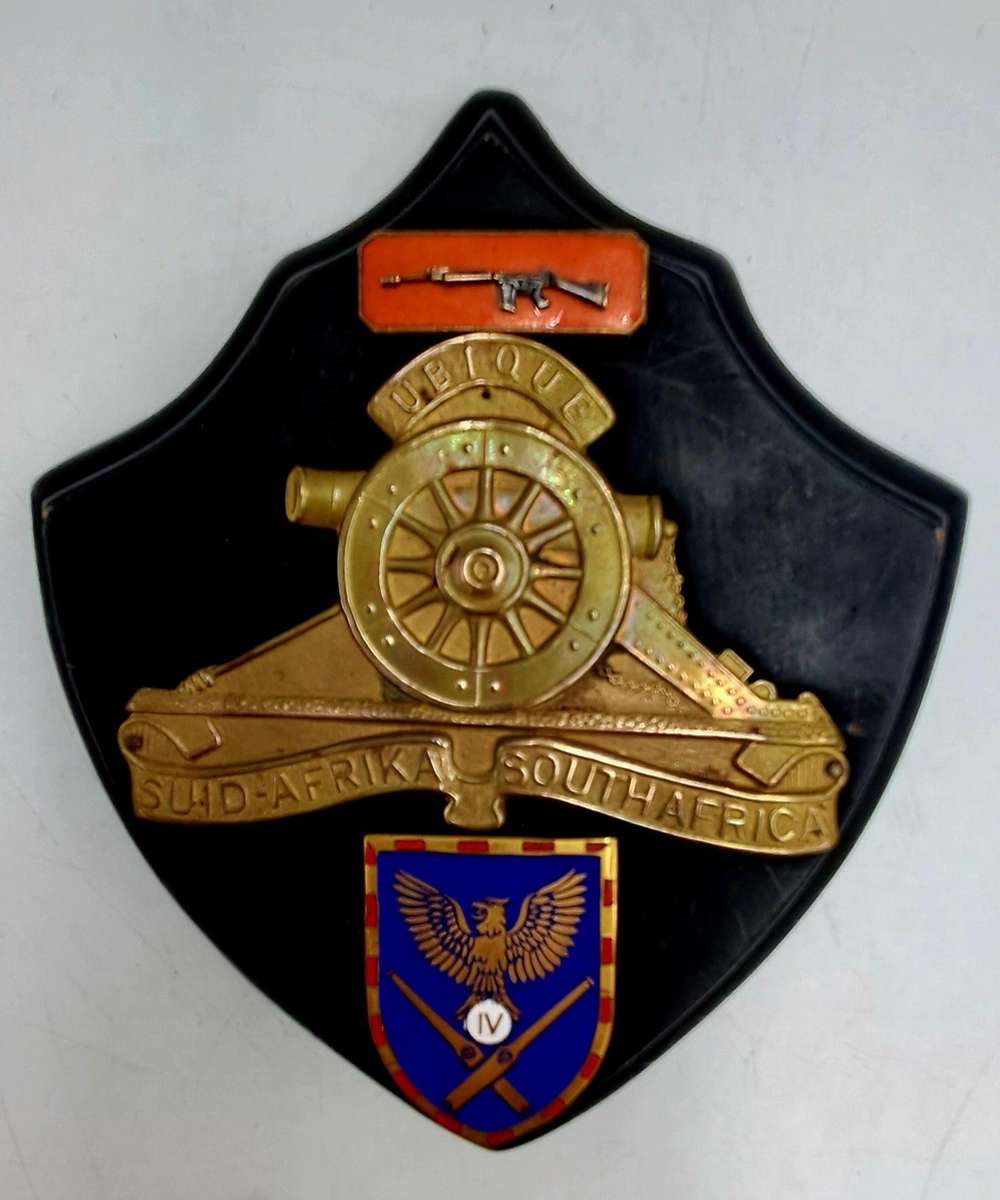 Vintage SADF Wall Plague with Large Field Artillery, Marksman and 4th Artillery brass & enamel badge