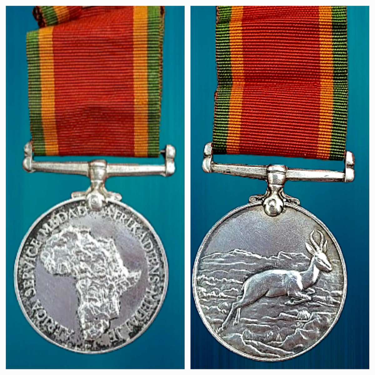 WW2  South Africa .925 Silver Africa Service Medal w/ Ribbon-  36001 J. ELiason