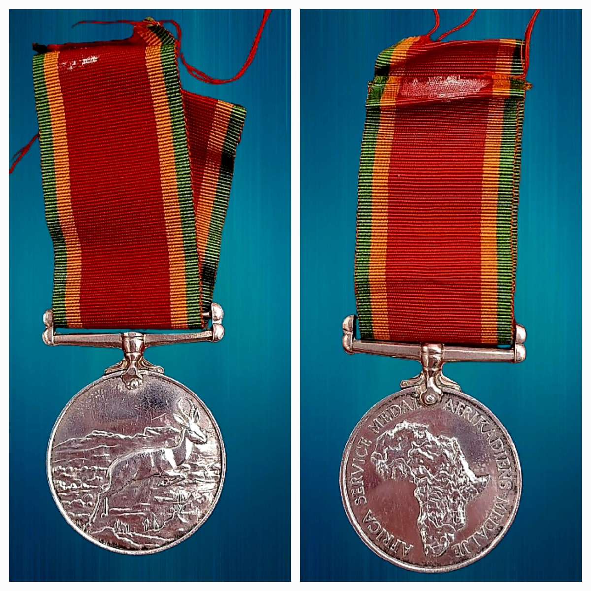 WW2  South Africa .925 Silver Africa Service Medal w/ Ribbon-  engraved P682 P.E.F Fennell