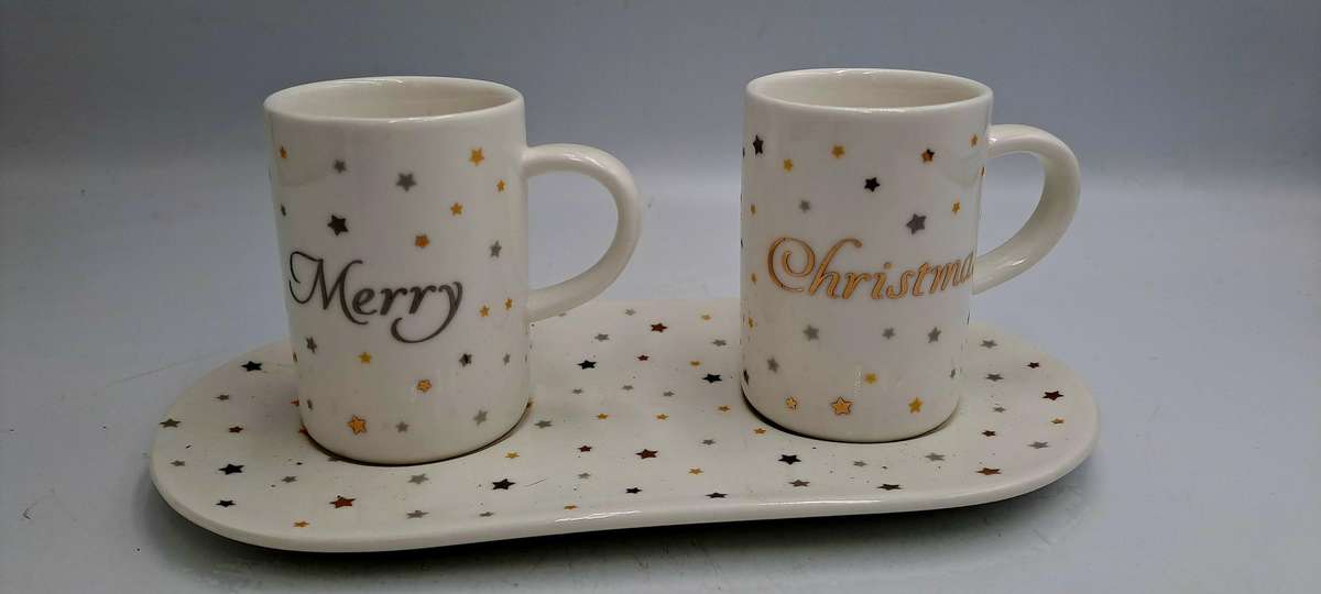 2 Zara Home -Hecho en China Porcelain Merry Christmas Cups on Tray