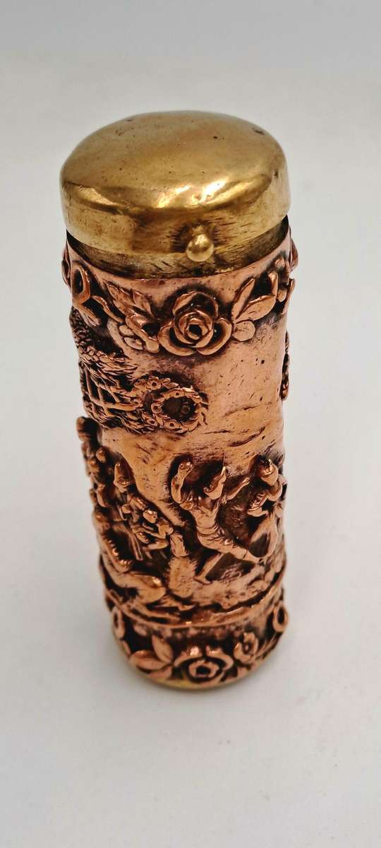 Antique Copper and Brass Cylindrical Figural Match Safe/Vesta case
