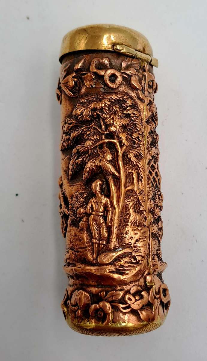 Antique Copper and Brass Cylindrical Figural Match Safe/Vesta case