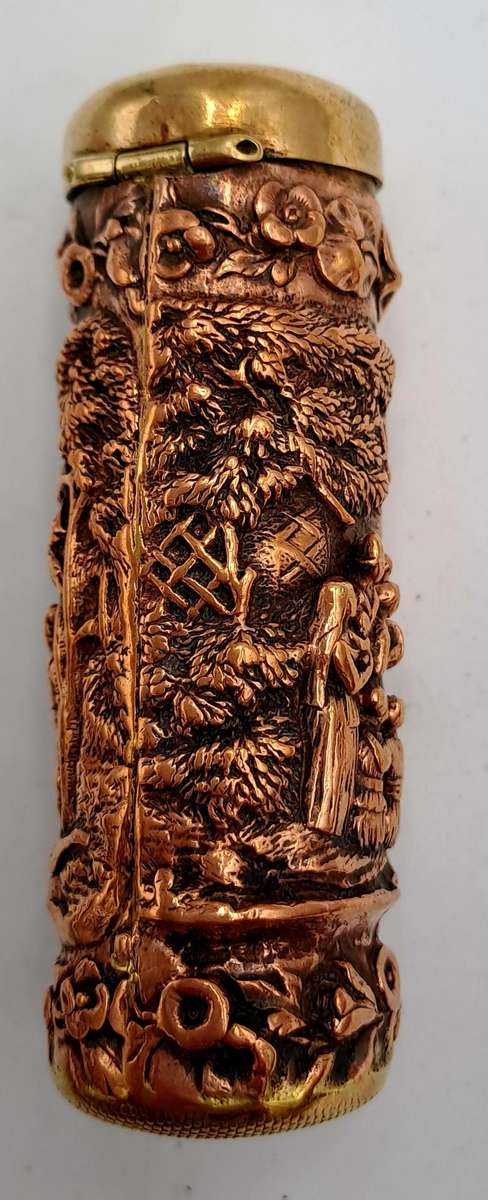 Antique Copper and Brass Cylindrical Figural Match Safe/Vesta case