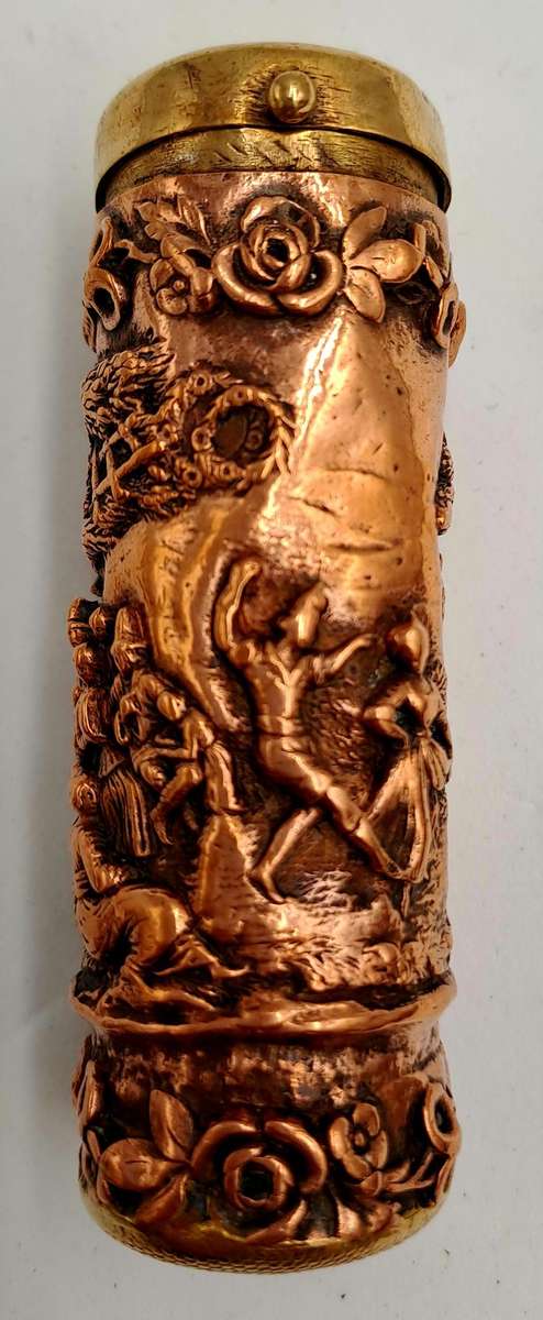 Antique Copper and Brass Cylindrical Figural Match Safe/Vesta case