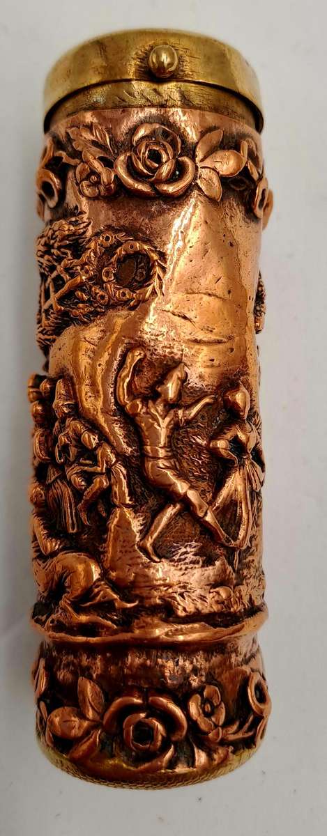 Antique Copper and Brass Cylindrical Figural Match Safe/Vesta case