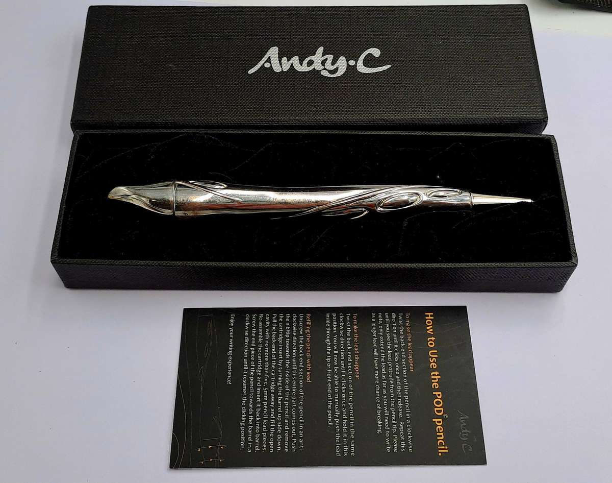 Original Andy-C Andy Cartwright designer Pencil boxed (pencil mechanism plasic top broken) Pewter
