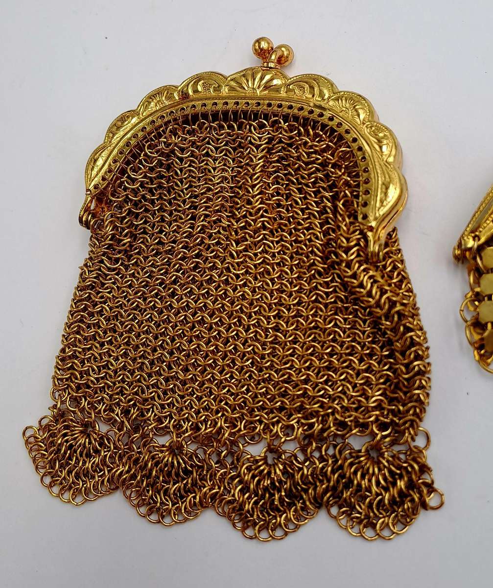 2 Vintage Chainmail Small Coin Purses Gold Tone, Victorian era, Filigree, Ornate