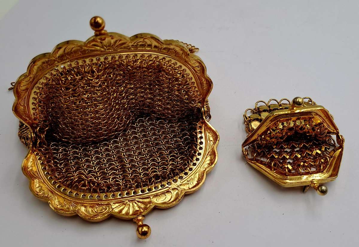 2 Vintage Chainmail Small Coin Purses Gold Tone, Victorian era, Filigree, Ornate