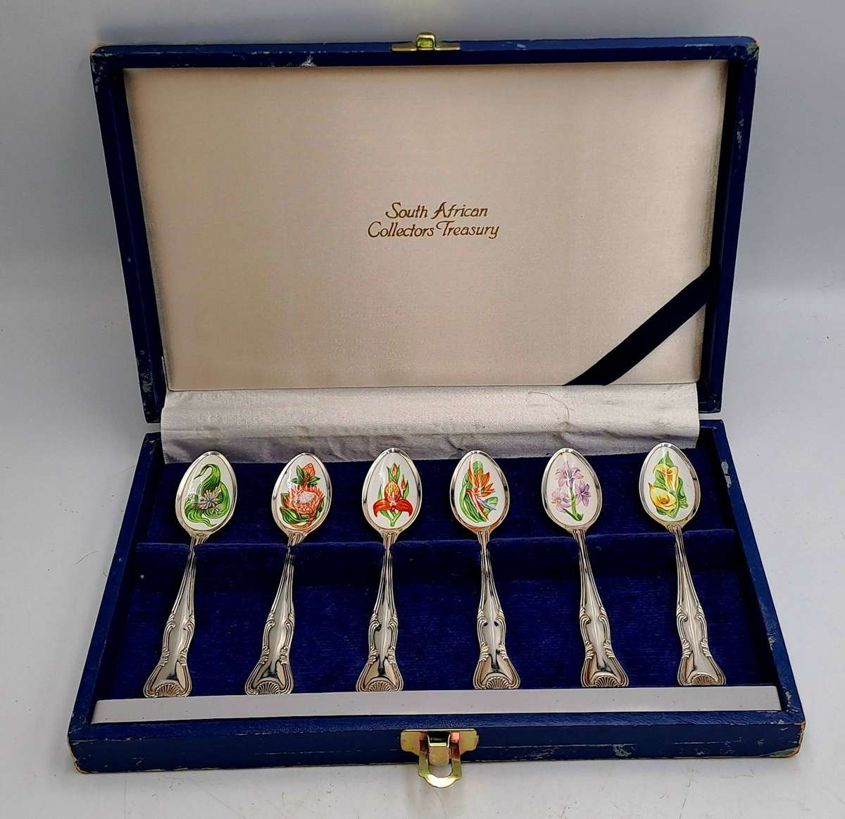 South African Collectors Treasury Wild Flower Floral enamel and Silver plate spoonset Boxed