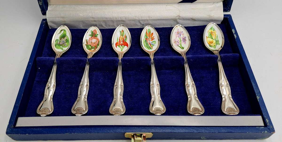 South African Collectors Treasury Wild Flower Floral enamel and Silver plate spoonset Boxed