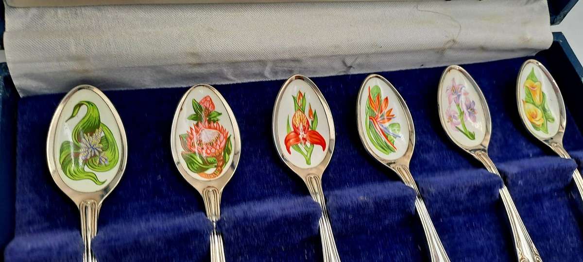 South African Collectors Treasury Wild Flower Floral enamel and Silver plate spoonset Boxed