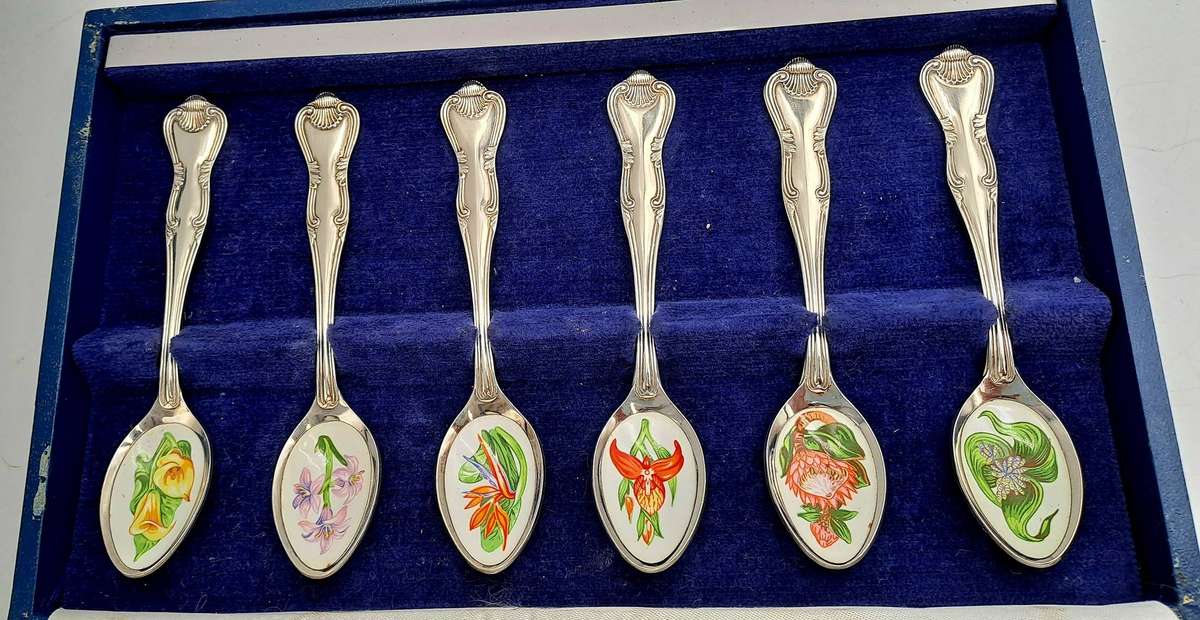 South African Collectors Treasury Wild Flower Floral enamel and Silver plate spoonset Boxed