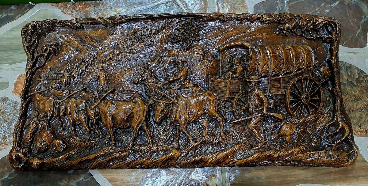 Vintage 1938-1940 Syroco "Voortrekker Wagon Train" wood Carving Wall Plague By Vadim Ivanoff