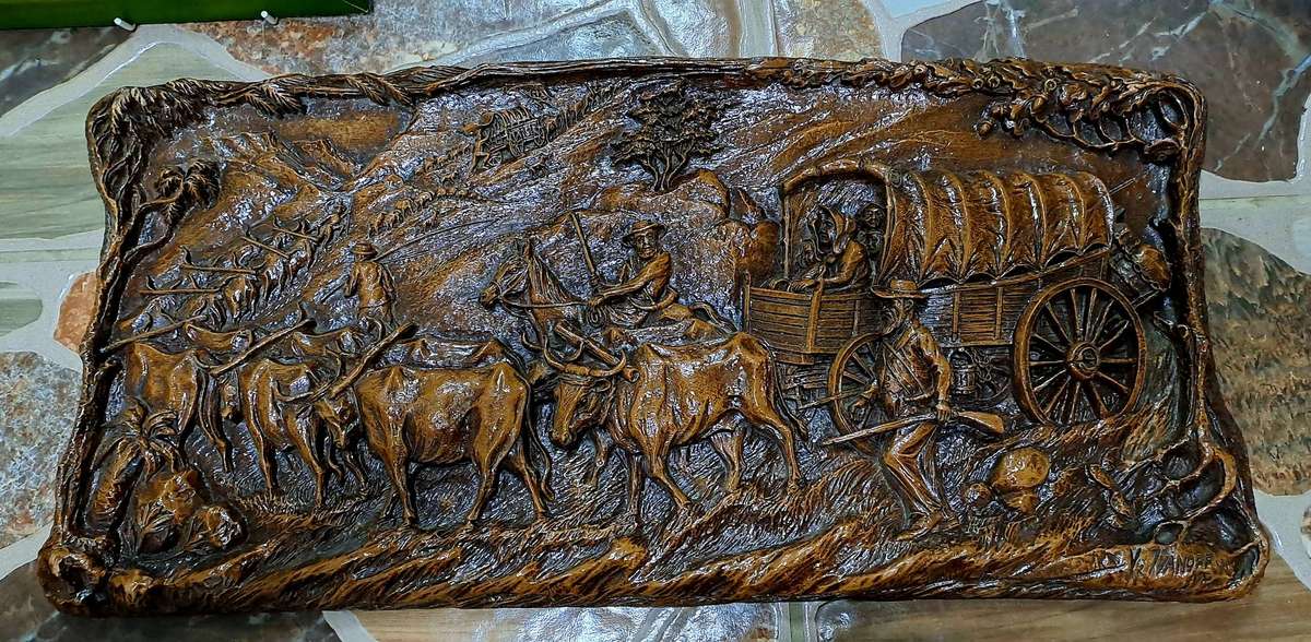Vintage 1938-1940 Syroco "Voortrekker Wagon Train" wood Carving Wall Plague By Vadim Ivanoff