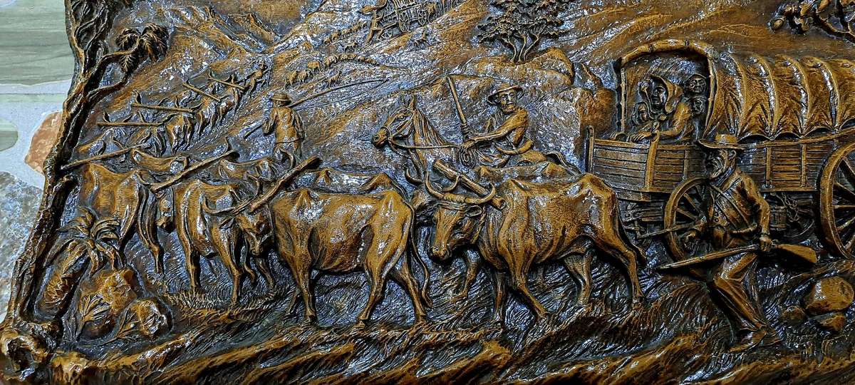 Vintage 1938-1940 Syroco "Voortrekker Wagon Train" wood Carving Wall Plague By Vadim Ivanoff