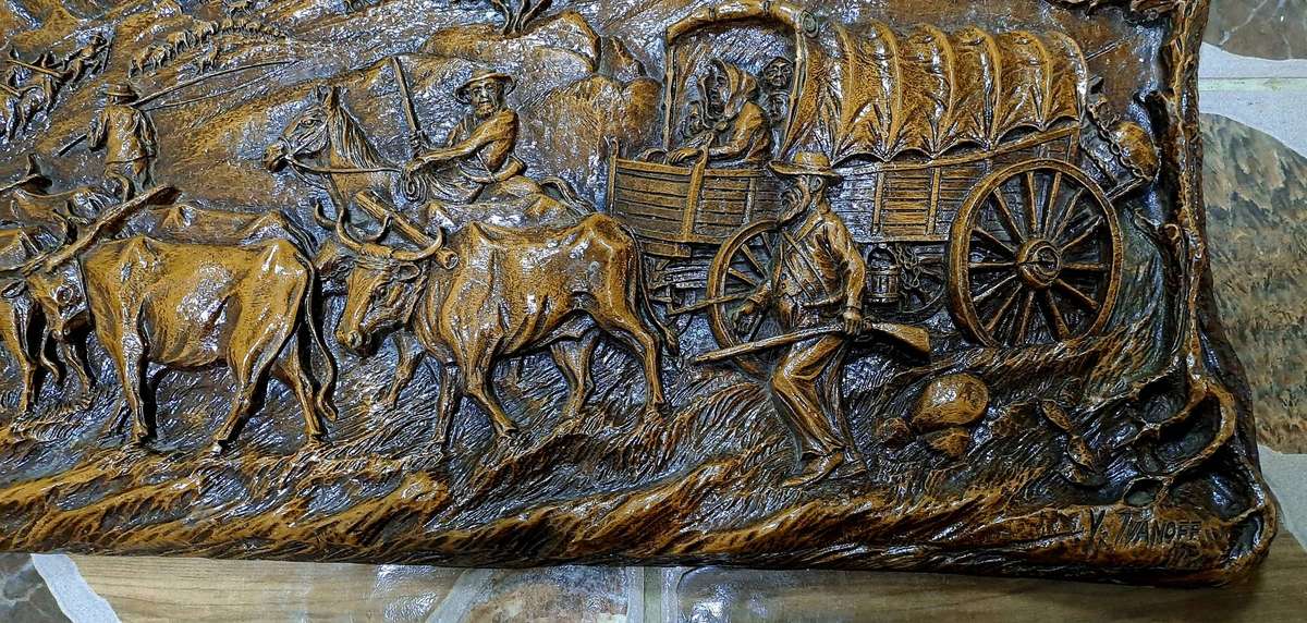 Vintage 1938-1940 Syroco "Voortrekker Wagon Train" wood Carving Wall Plague By Vadim Ivanoff