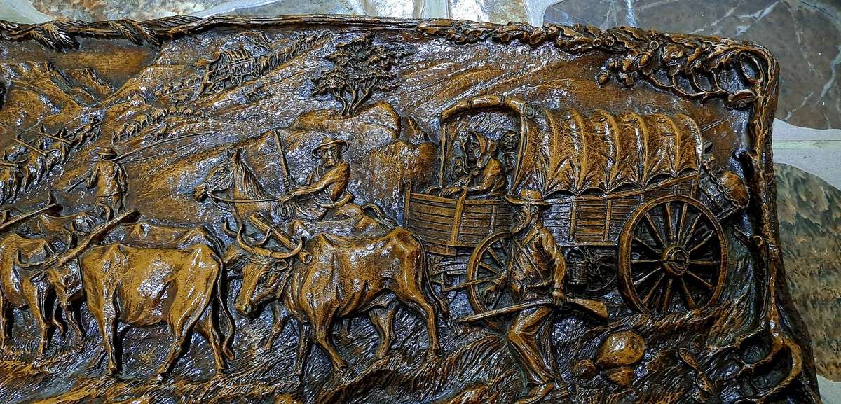 Vintage 1938-1940 Syroco "Voortrekker Wagon Train" wood Carving Wall Plague By Vadim Ivanoff