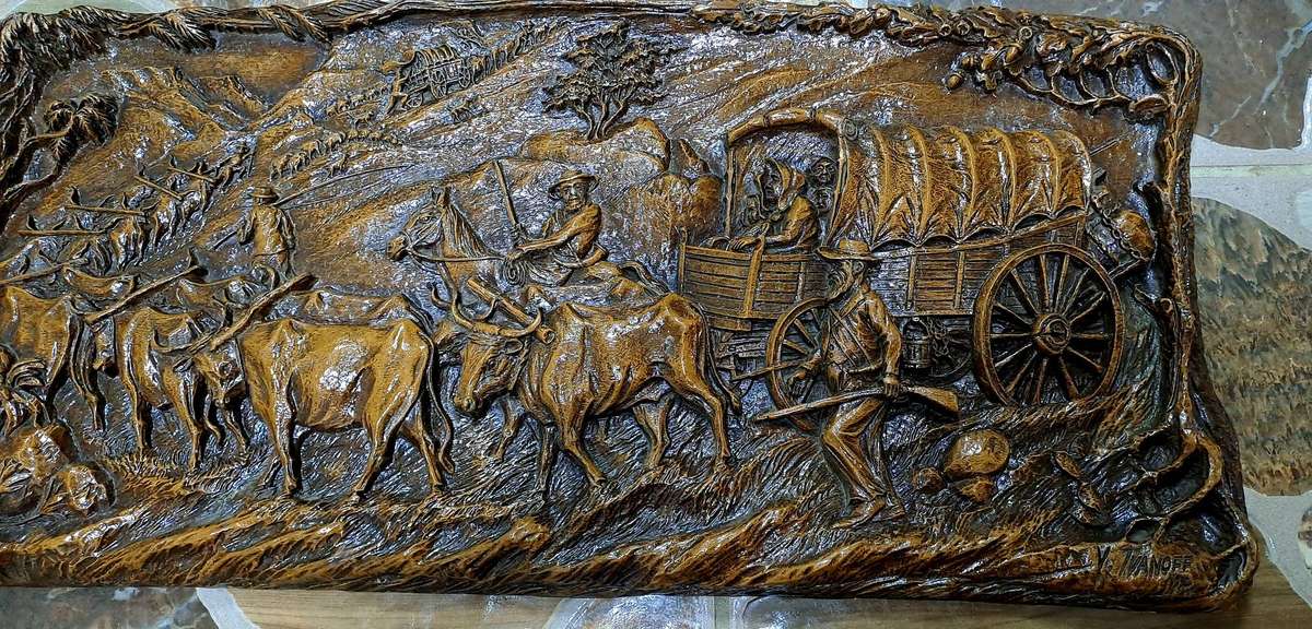 Vintage 1938-1940 Syroco "Voortrekker Wagon Train" wood Carving Wall Plague By Vadim Ivanoff