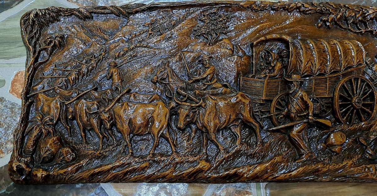 Vintage 1938-1940 Syroco "Voortrekker Wagon Train" wood Carving Wall Plague By Vadim Ivanoff
