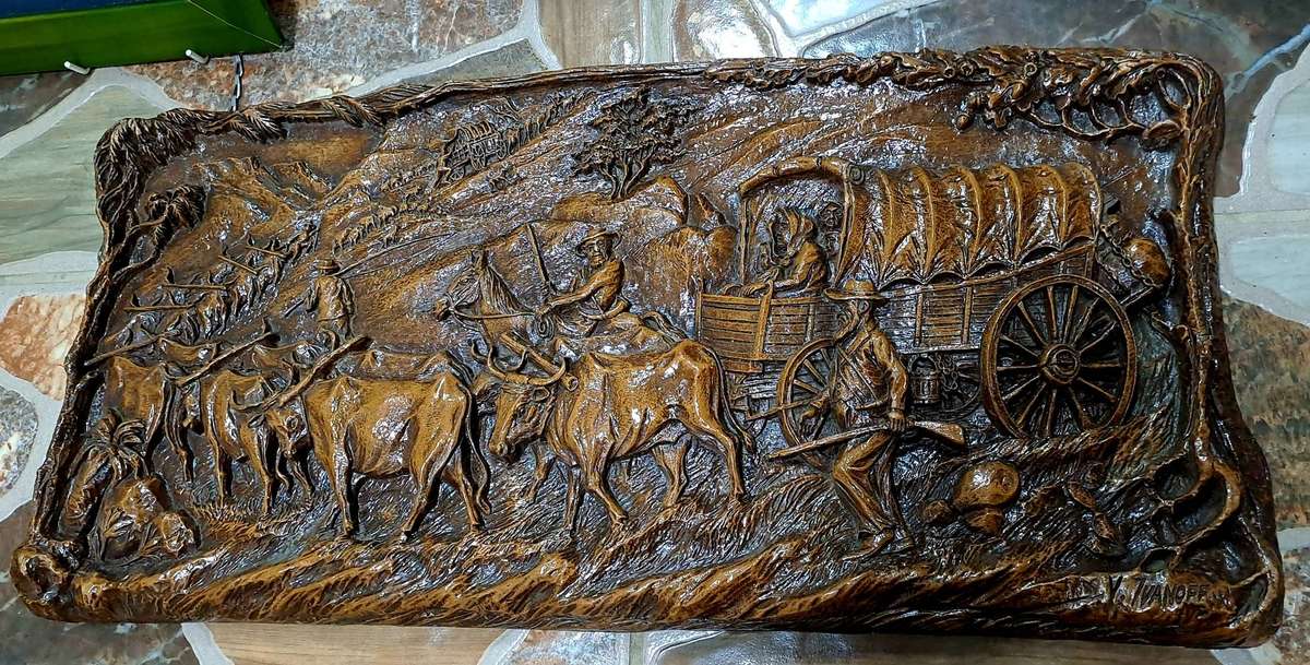 Vintage 1938-1940 Syroco "Voortrekker Wagon Train" wood Carving Wall Plague By Vadim Ivanoff