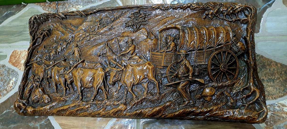 Vintage 1938-1940 Syroco "Voortrekker Wagon Train" wood Carving Wall Plague By Vadim Ivanoff