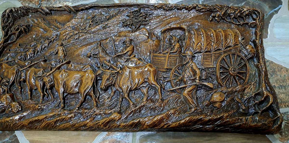 Vintage 1938-1940 Syroco "Voortrekker Wagon Train" wood Carving Wall Plague By Vadim Ivanoff