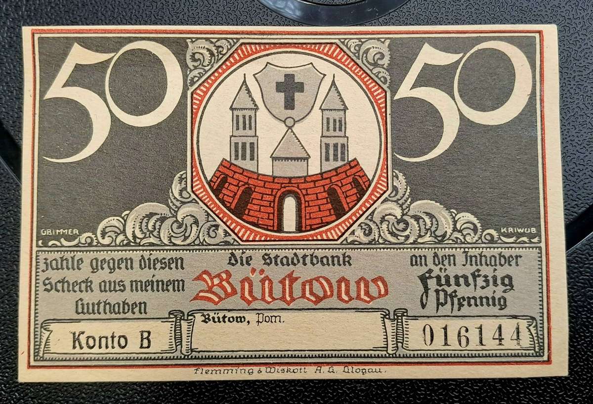 1922 German notgeld 50 Pfennigs City of Bütow (Prussian province of Pomerania)