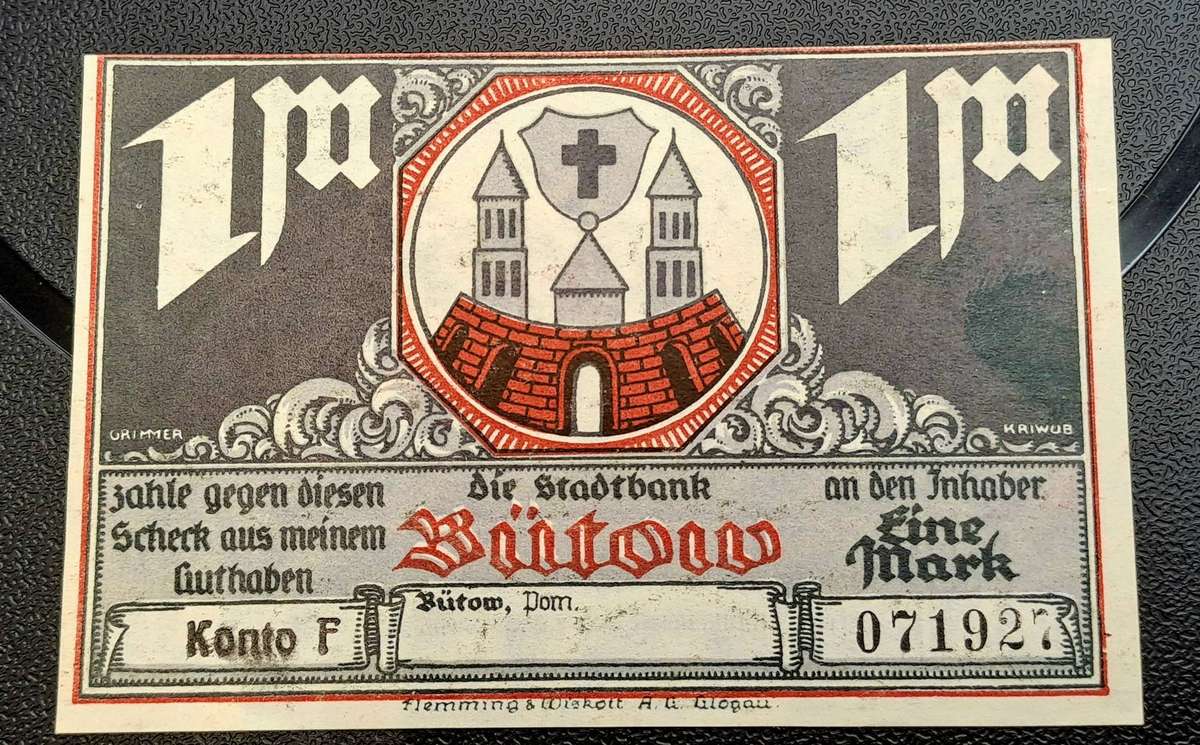1922 German notgeld 1 Mark City of Bütow (Prussian province of Pomerania)