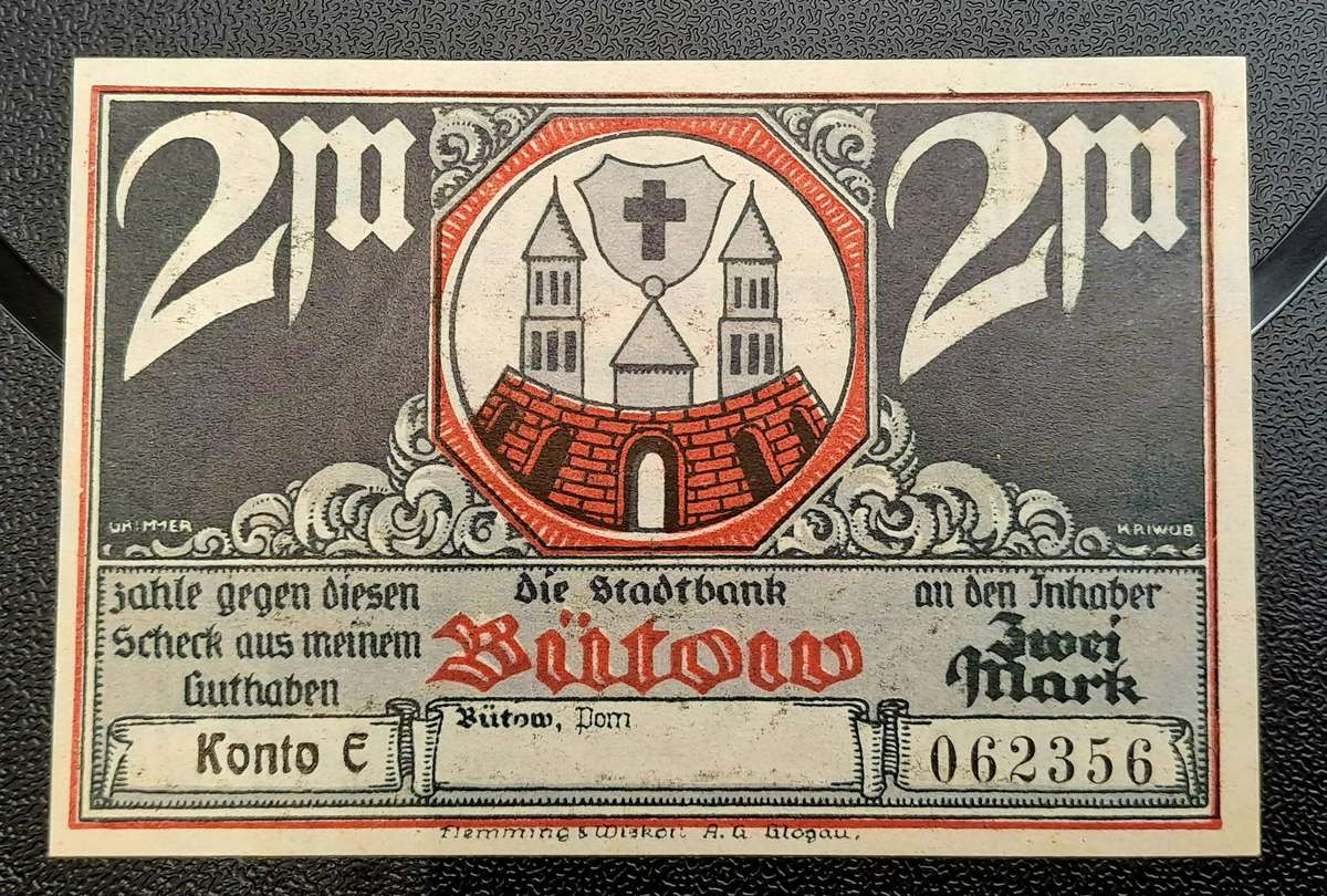 1922 German notgeld 2 Mark City of Bütow (Prussian province of Pomerania)