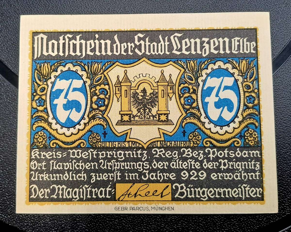 1922 German notgeld 75 Phenning City of Lenzen an der Elbe (Prussian province of Brandenburg)