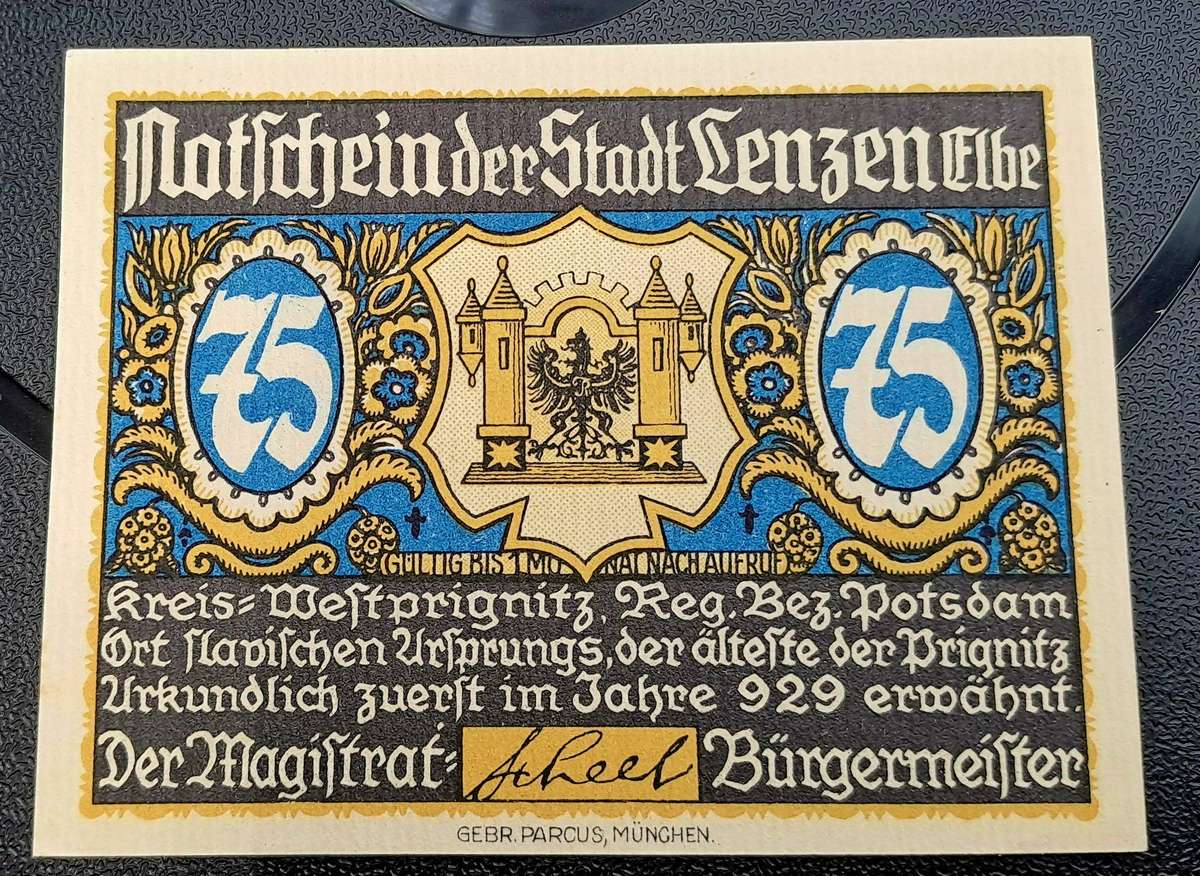 1914-1924 German notgeld 75 Pfennigs City of Lenzen an der Elbe (Prussian province of Brandenburg)
