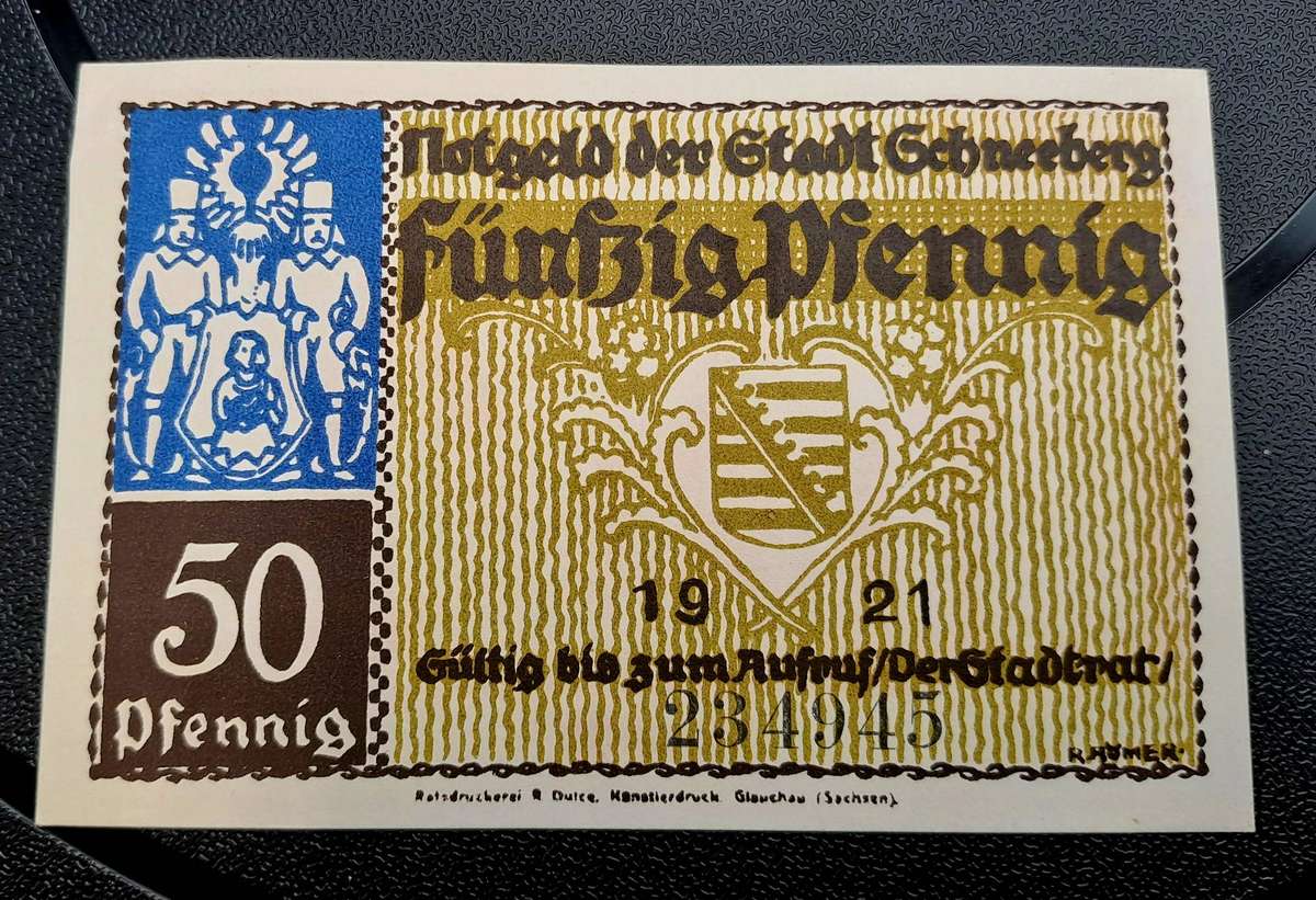 1921 German notgeld 50 Pfennigs City of Schneeberg im Erzgebirge (Federal state of Saxony)