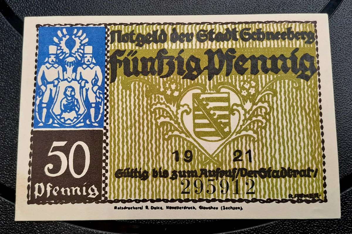 1921 German notgeld 50 Pfennigs City of Schneeberg im Erzgebirge (Federal state of Saxony)