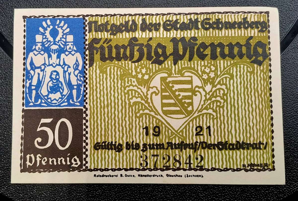1921 German notgeld 50 Pfennigs City of Schneeberg im Erzgebirge (Federal state of Saxony)