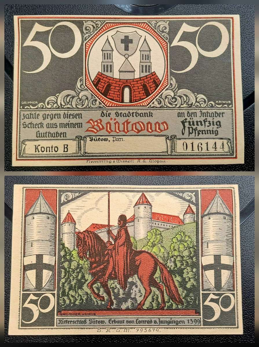 1922 German notgeld 50 Pfennigs City of Bütow (Prussian province of Pomerania)