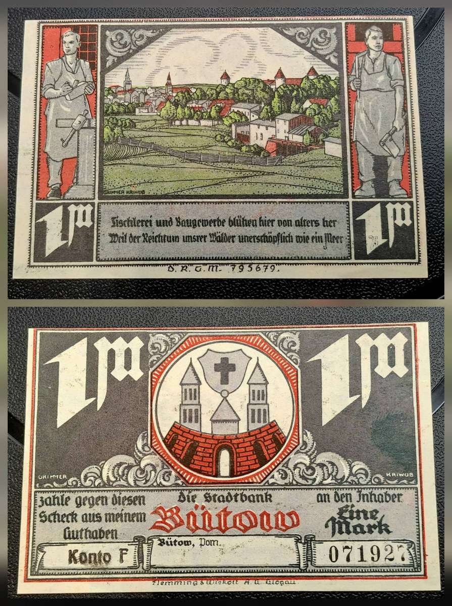 1922 German notgeld 1 Mark City of Bütow (Prussian province of Pomerania)