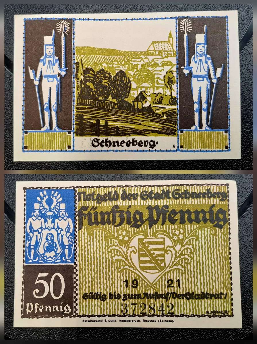 1921 German notgeld 50 Pfennigs City of Schneeberg im Erzgebirge (Federal state of Saxony)