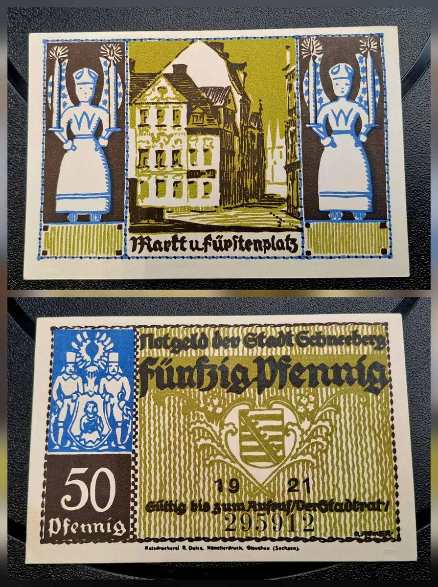 1921 German notgeld 50 Pfennigs City of Schneeberg im Erzgebirge (Federal state of Saxony)