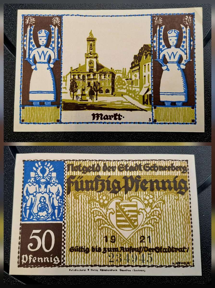 1921 German notgeld 50 Pfennigs City of Schneeberg im Erzgebirge (Federal state of Saxony)