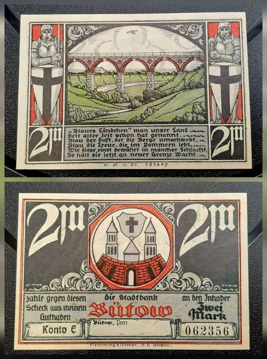 1922 German notgeld 2 Mark City of Bütow (Prussian province of Pomerania)