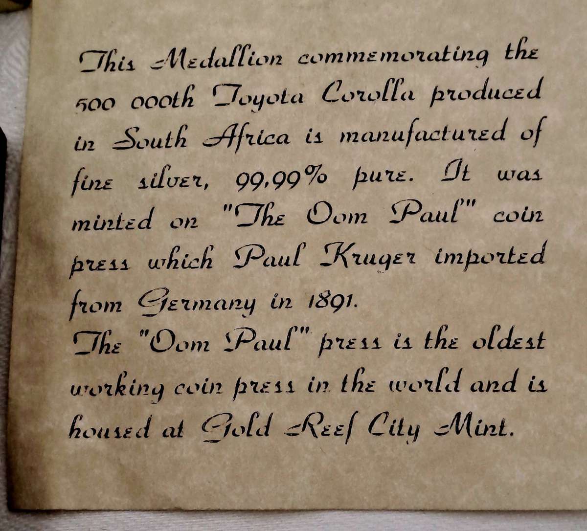 20g 99% Fine Silver Commemorating Medal 500 000th Toyota Corolla made in S.A 16-2-94